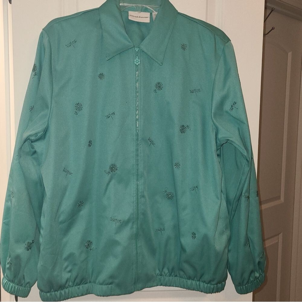 Alfred Dunner Seafoam Zip Front Embroidered Lightweight Jacket